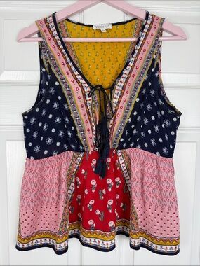 Patron of Peace Boho Festival Cottagecore Patchwork Tie-Front Tank Medium